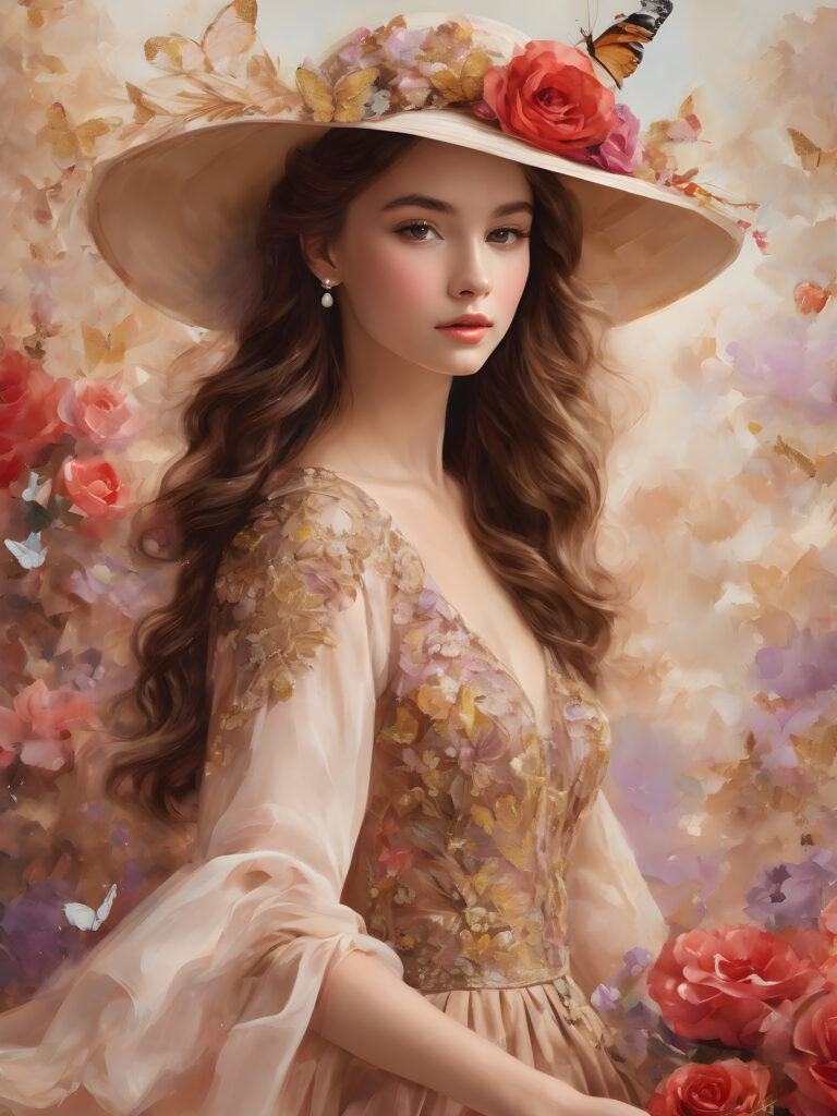 visualize a (((beautiful teen girl with long, wavy brown hair))), dressed in a flowy, red dress adorned with iridescent details that elegantly swirl as she twirls, accessorized with a striking (((big hat))) featuring flowers, pearls, and feathers, set against a backdrop of (vintage-inspired paper) with blush, white, and gold tones, sprinkled with mauve roses, butterflies, and delicate rosebuds, elaborate details and intricate patterns along the edges of the page