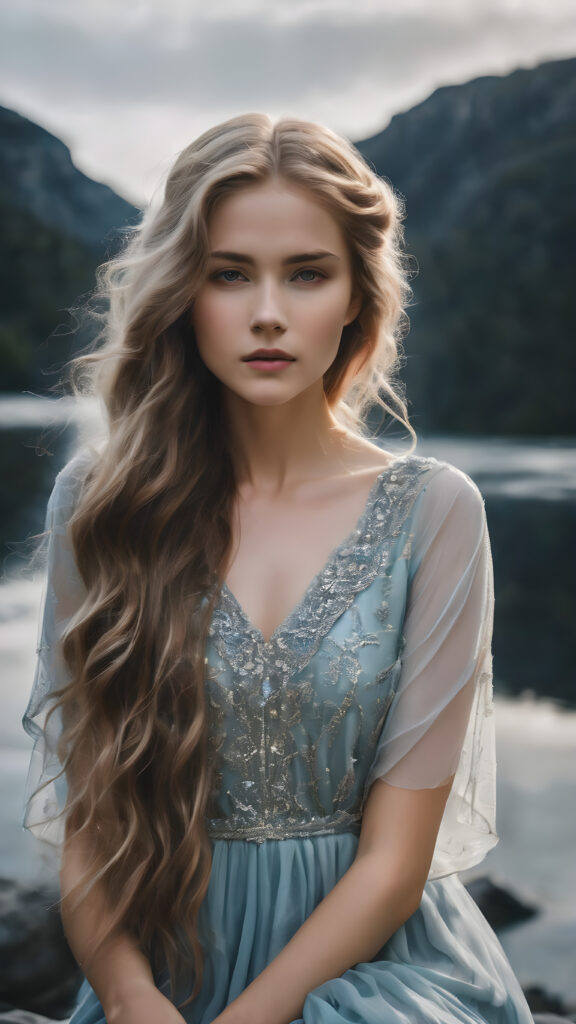 Visualize a (((dream girl))) with flowing hair and a mysterious aura, dressed in soft, ethereal colors against a (((tranquil dark backdrop))), evoking a sense of unreal beauty