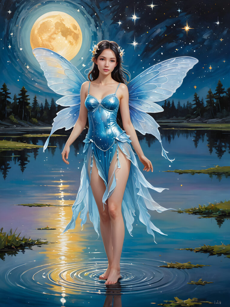 Visualize a (((sweet and young lunar fairy))), standing in a (((shallow lake))), with a figure that exudes an ethereal perfection. The sky above is suffused with a soft (((blue))) hue, contrasted by (((black))) streaks, while a canvas of twinkling (((stars))) sprinkle the expanse. The fairy's wings span as large as her body and shimmer in a (rainbow spectrum)