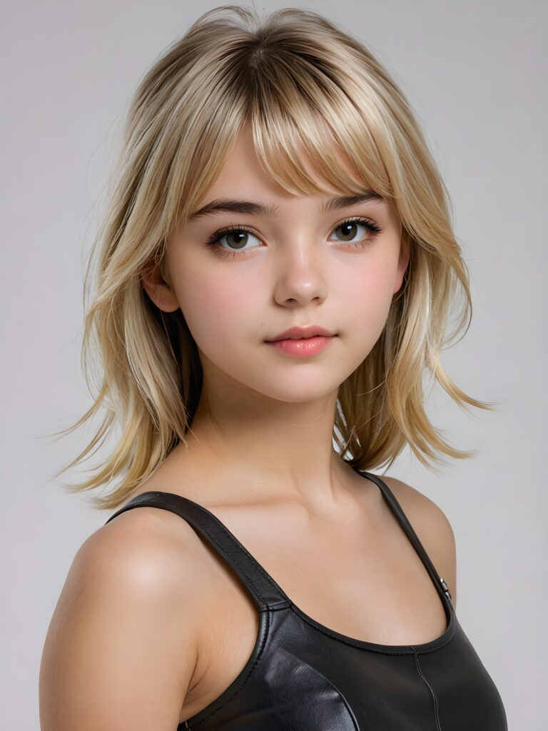 visualize a (((vividly detailed and realistic teen girl, 17 years old))), with straight, soft platinum blond hair featuring intricate details and delicate bangs that cascade down the side of her face. She wears a thin and tight leather crop top that accentuates her perfect figure, with full lips and a sense of seduction captured through her posture, set against a (((white background)))
