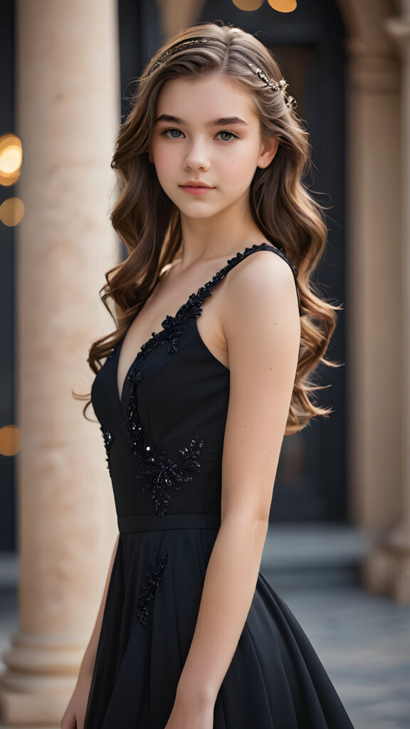 Visualize a (((fantastic fantasy teen girl))) with intricate details and realistic features, ((posed in an elegant pose)) against a (((softly blurred empty backdrop))), dressed in a (((black cocktail dress))), her hair flowing gracefully around her