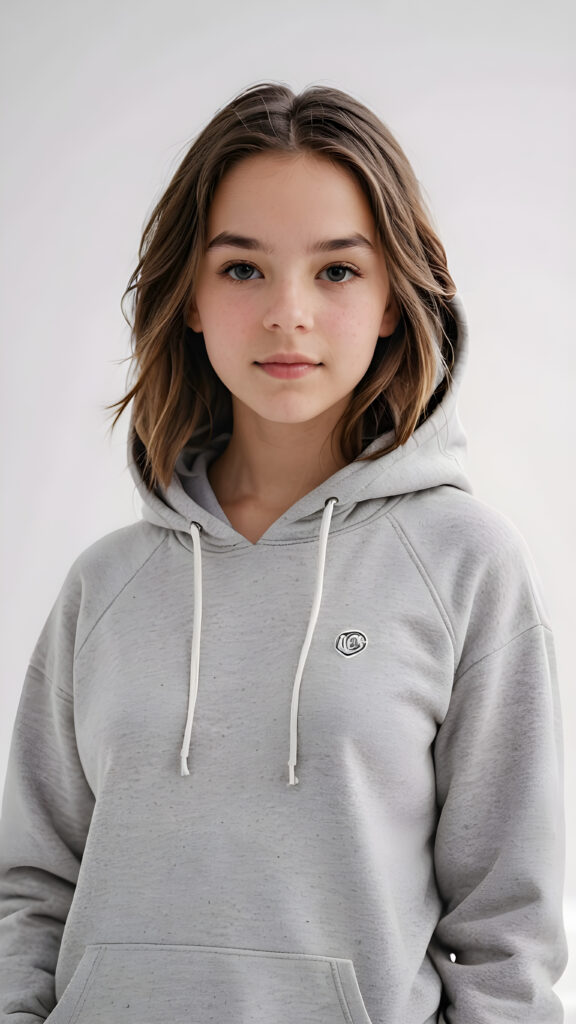 visualize a (((young teen girl))) dressed in a (vividly gray hoodie), standing confidently against a (magnificent white backdrop) that suggests tranquility and serenity