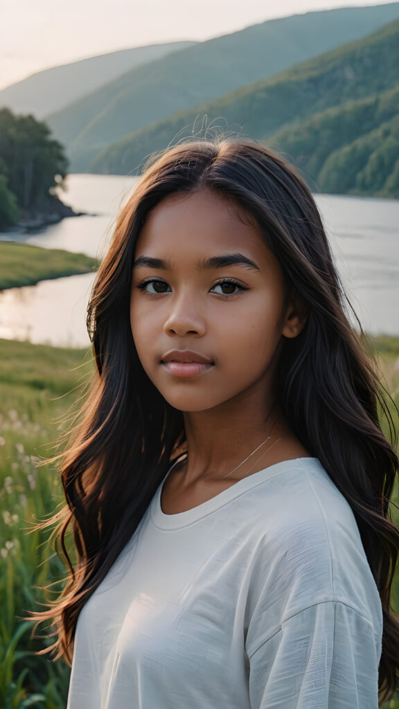visualize a (((vividly beautiful scene))) where a (((teen girl with striking contrasting features))) with deep, dark skin and long, flowing tresses stands out against a backdrop of a serene, (ethereal landscape)