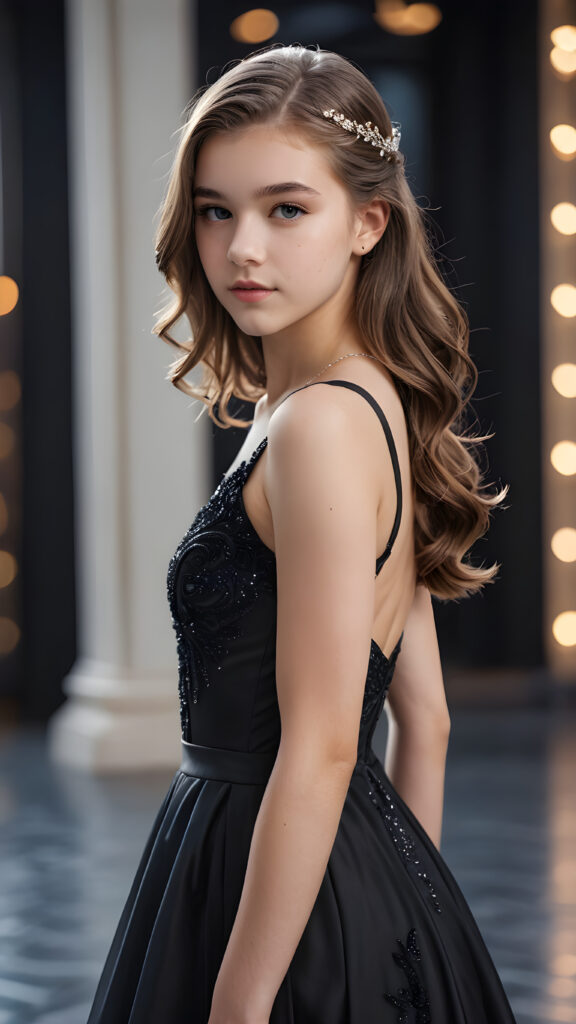 Visualize a (((fantastic fantasy teen girl))) with intricate details and realistic features, ((posed in an elegant pose)) against a (((softly blurred empty backdrop))), dressed in a (((black cocktail dress))), her hair flowing gracefully around her