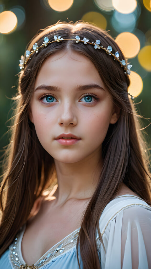 young girl looks like Artemis, detailed photo, straight hair, light blue eyes, (round angelic face), ((stunning)) ((gorgeous))