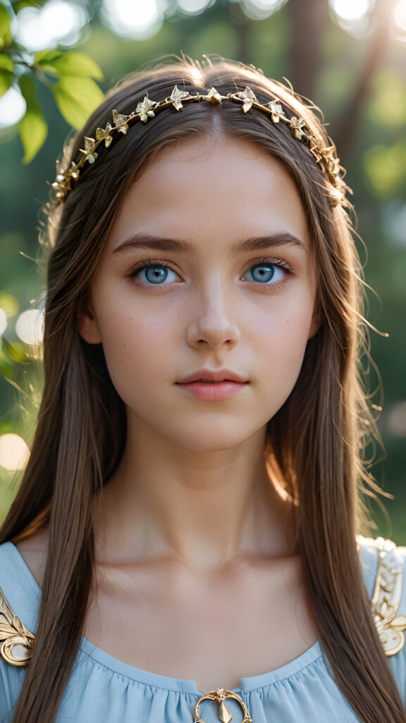 young girl looks like Artemis, detailed photo, straight hair, light blue eyes, (round angelic face), ((stunning)) ((gorgeous))