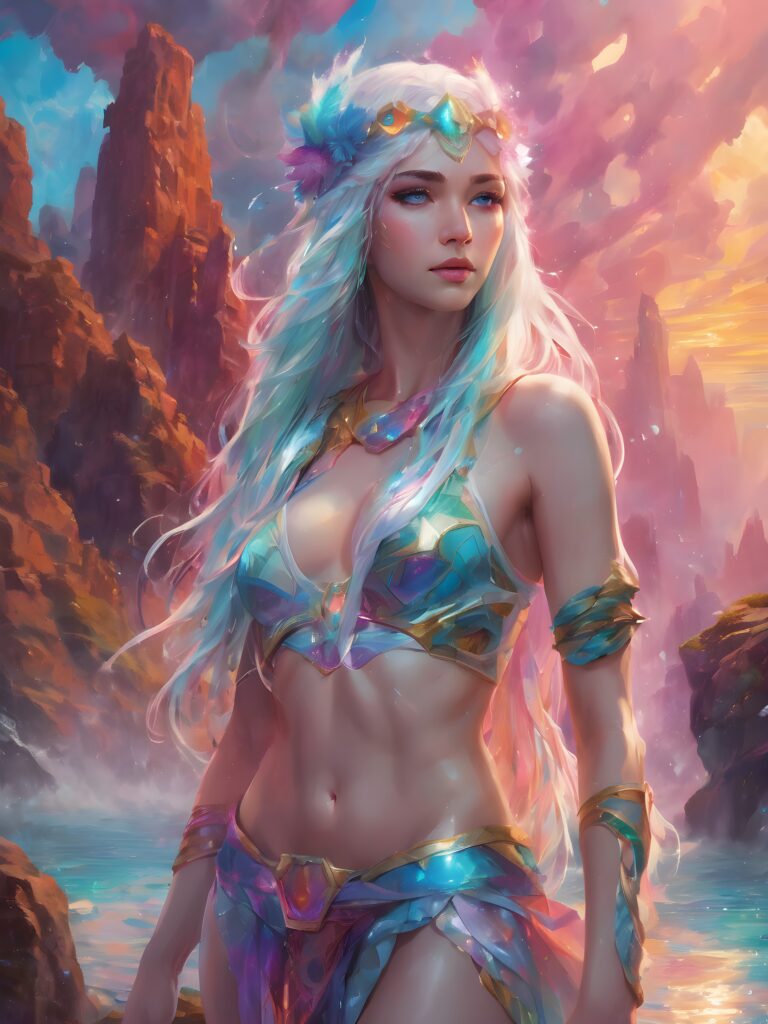 visualize an (((art piece))) featuring a (20-year-old woman with long, flowing white hair and azure blue eyes), emanating joy and pure radiance, dressed in a playful ((pastel rainbow low-cut crop top)) and a whimsical pastel hat, standing against a (submerged fantasy backdrop) where her body is intricate patterns of glowing lava veins, crisscrossing her skin like interwoven rivers, creating a captivating fusion of fantasy and reality