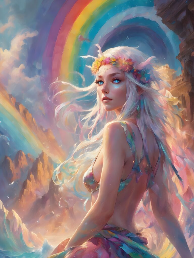 visualize an (((art piece))) featuring a (20-year-old woman with long, flowing white hair and azure blue eyes), emanating joy and pure radiance, dressed in a playful ((pastel rainbow low-cut crop top)) and a whimsical pastel hat, standing against a (submerged fantasy backdrop) where her body is intricate patterns of glowing lava veins, crisscrossing her skin like interwoven rivers, creating a captivating fusion of fantasy and reality