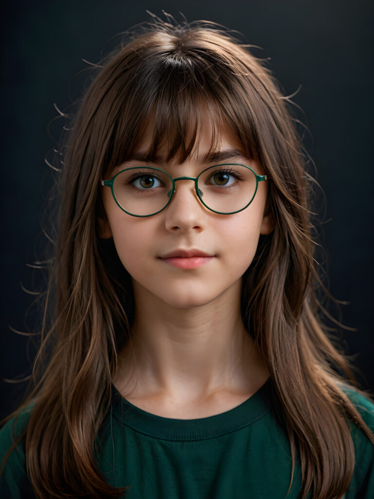 a 12-years old girl with long, brown shoulder-length hair, wearing a large, dark green prescription glasses. She has bangs that are parted to the side. Her eyes are dark brown. ((dark background)) ((gorgeous)) ((stunning)) ((perfect portrait))