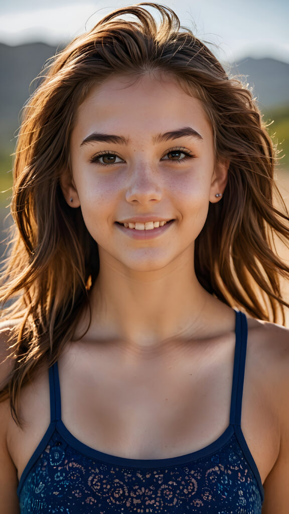 a 14-year-old (((teen girl))) with intricate, realistically detailed (((hair))), a beautifully saturated complexion, and a short crop tank top, looking directly at the viewer with a warm smile, showcasing an ultra high resolution and deeply shadowed (((face))), all captured in a highly detailed masterpiece that exudes a (((stunning upper body))), with its perfect curved contours and gorgeously attractive features, viewed from the side, representing pure perfection