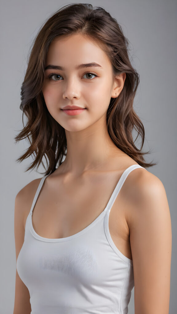 a 15 years old teen girl, shoulder-length hair, she wears a ((white short crop tank top)), perfect curved body, ultra realistic face, realistic eyes, ((angelic round face)), stunning photo with beautiful saturation, ultra high resolution, deep shadow, (best quality, masterpiece), looking at viewer, warm smile, masterpiece, ultra realistic portrait, best quality, ((grey light background)) ((gorgeous)) ((cute)) ((side view)) ((full body))