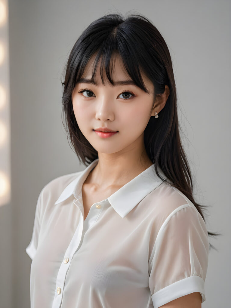a 15 years old Korean teen girl, shoulder-length straight black hair, bangs that are parted to the side, she wears a ((white short thin shirt made of silk)), perfect curved body, ultra realistic face, realistic eyes, ((angelic round face)), stunning photo with beautiful saturation, ultra high resolution, deep shadow, (best quality, masterpiece), looking at viewer, warm smile, masterpiece, ultra realistic portrait, best quality, ((grey light background)) ((gorgeous)) ((cute)) ((side view)) ((full body))