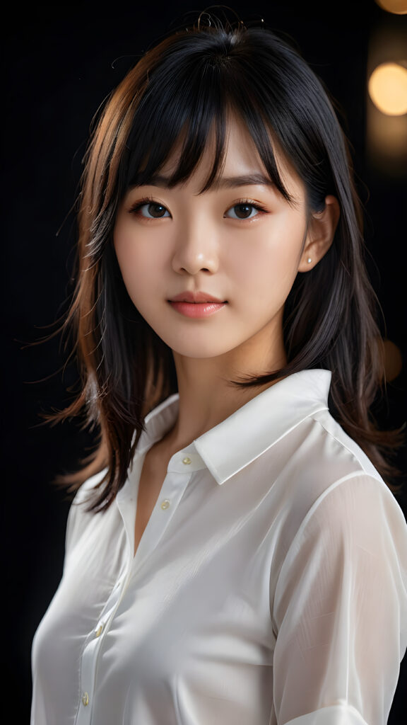 a 15 years old Korean teen girl, shoulder-length straight black hair, bangs that are parted to the side, she wears a ((white short thin shirt made of silk)), perfect curved body, ultra realistic face, realistic eyes, ((angelic round face)), stunning photo with beautiful saturation, ultra high resolution, deep shadow, (best quality, masterpiece), looking at viewer, warm smile, masterpiece, ultra realistic portrait, best quality, ((black dark background)) ((gorgeous)) ((cute)) ((side view)) ((full body))