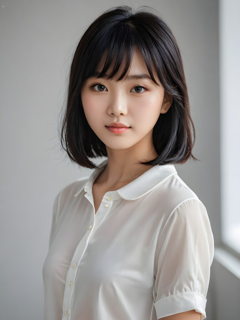 a 15 years old Korean teen girl, shoulder-length straight black hair, bangs that are parted to the side, she wears a ((white short thin shirt made of silk)), perfect curved body, ultra realistic face, realistic eyes, ((angelic round face)), stunning photo with beautiful saturation, ultra high resolution, deep shadow, (best quality, masterpiece), looking at viewer, warm smile, masterpiece, ultra realistic portrait, best quality, ((grey light background)) ((gorgeous)) ((cute)) ((side view)) ((full body))