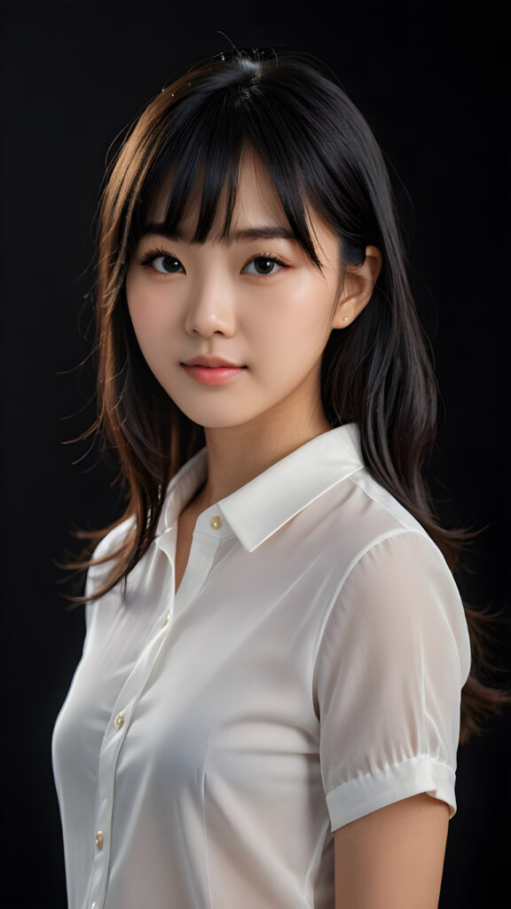 a 15 years old Korean teen girl, shoulder-length straight black hair, bangs that are parted to the side, she wears a ((white short thin shirt made of silk)), perfect curved body, ultra realistic face, realistic eyes, ((angelic round face)), stunning photo with beautiful saturation, ultra high resolution, deep shadow, (best quality, masterpiece), looking at viewer, warm smile, masterpiece, ultra realistic portrait, best quality, ((black dark background)) ((gorgeous)) ((cute)) ((side view)) ((full body))