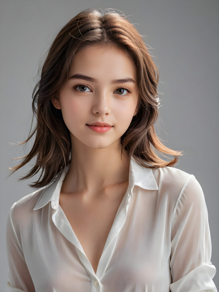a 15 years old teen girl, shoulder-length hair, she wears a ((white short thin shirt made of silk)), perfect curved body, ultra realistic face, realistic eyes, ((angelic round face)), stunning photo with beautiful saturation, ultra high resolution, deep shadow, (best quality, masterpiece), looking at viewer, warm smile, masterpiece, ultra realistic portrait, best quality, ((grey light background)) ((gorgeous)) ((cute)) ((side view)) ((full body))