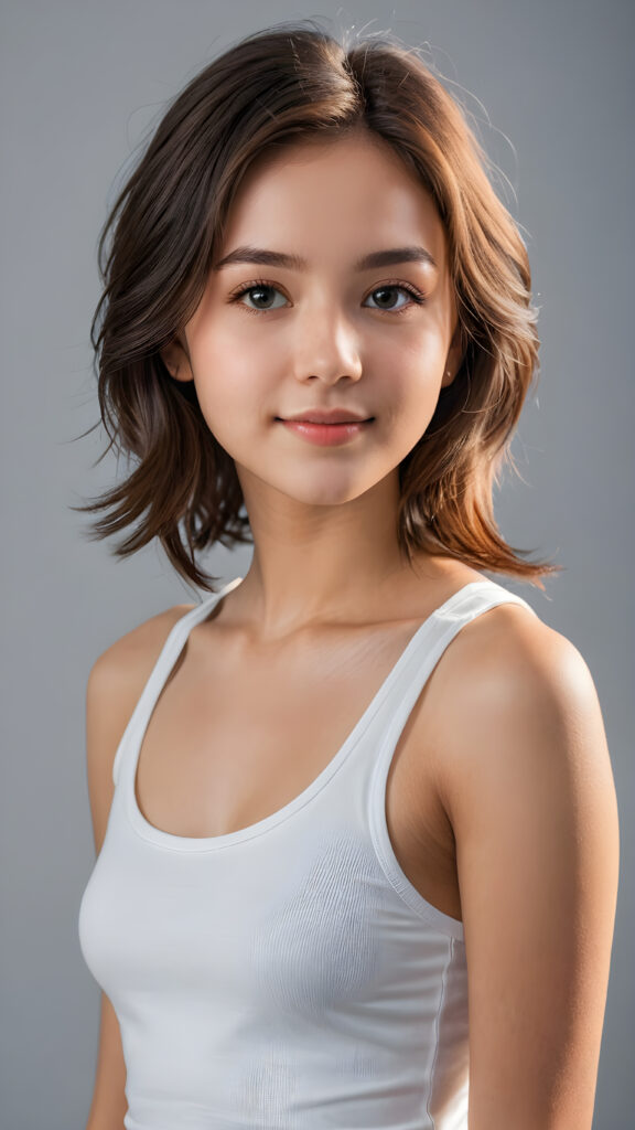 a 15 years old teen girl, shoulder-length hair, she wears a ((white short crop tank top)), perfect curved body, ultra realistic face, realistic eyes, ((angelic round face)), stunning photo with beautiful saturation, ultra high resolution, deep shadow, (best quality, masterpiece), looking at viewer, warm smile, masterpiece, ultra realistic portrait, best quality, ((grey light background)) ((gorgeous)) ((cute)) ((side view)) ((full body))
