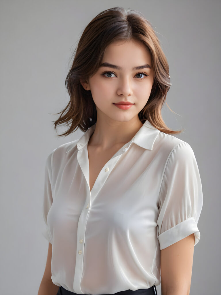 a 15 years old teen girl, shoulder-length hair, she wears a ((white short thin shirt made of silk)), perfect curved body, ultra realistic face, realistic eyes, ((angelic round face)), stunning photo with beautiful saturation, ultra high resolution, deep shadow, (best quality, masterpiece), looking at viewer, warm smile, masterpiece, ultra realistic portrait, best quality, ((grey light background)) ((gorgeous)) ((cute)) ((side view)) ((full body))