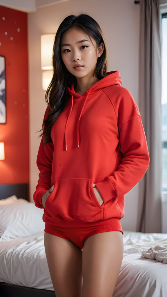 a (((Asian girl))) standing confidently in her (bedroom), dressed in a (vivid red hoodie) that highlights her navel, with its sides pulled down to reveal a glimpse of her short shorts