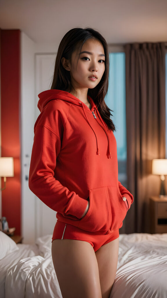 a (((Asian girl))) standing confidently in her (bedroom), dressed in a (vivid red hoodie) that highlights her navel, with its sides pulled down to reveal a glimpse of her short shorts