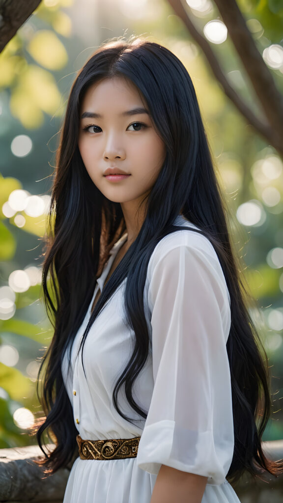 a (((Asian teen girl with long, flowing black hair))), poised confidently in a (((mystical setting))) that hints at the essence of the popular meme character 'Naksu'. Her features and aura convey a sense of otherworldliness ((upper body portrait))