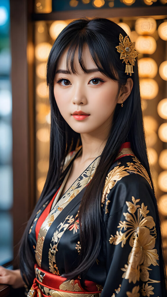 a (((Japanese dream girl))) with intricate details and ornate patterns, luxurious black long straight hair with side-swept bangs