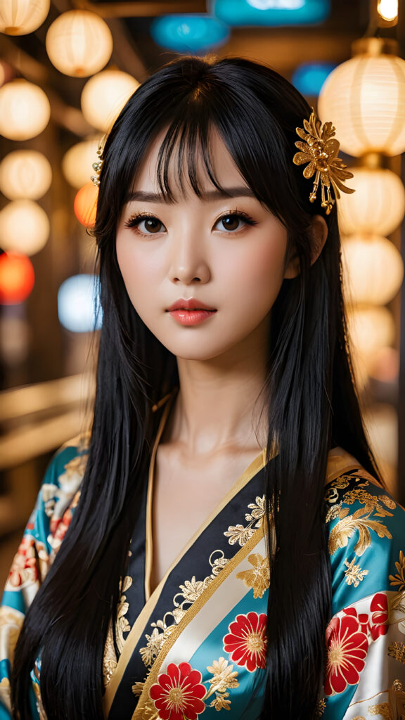 a (((Japanese dream girl))) with intricate details and ornate patterns, luxurious black long straight hair with side-swept bangs