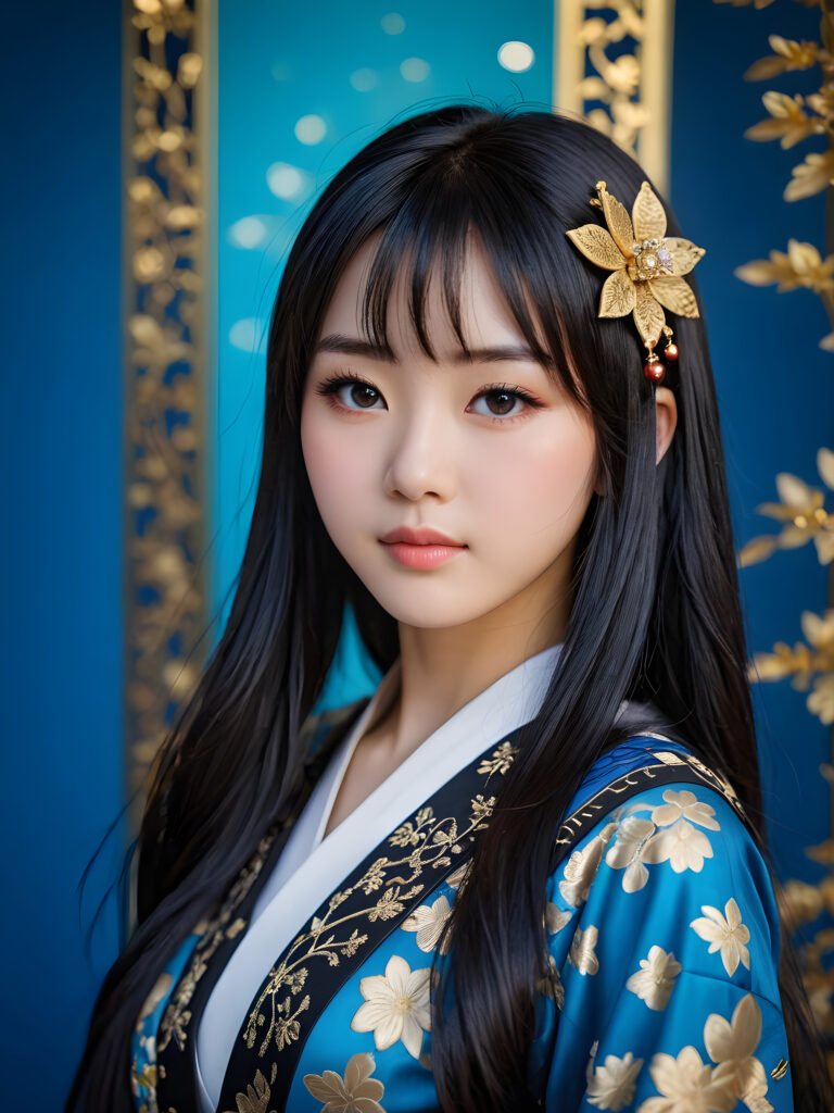 a (((Japanese dream teen girl))) with intricate details and ornate patterns, luxurious black long straight hair with side-swept bangs, ((blue background)), perfect light and shadow, ((stunning)), ((gorgeous))