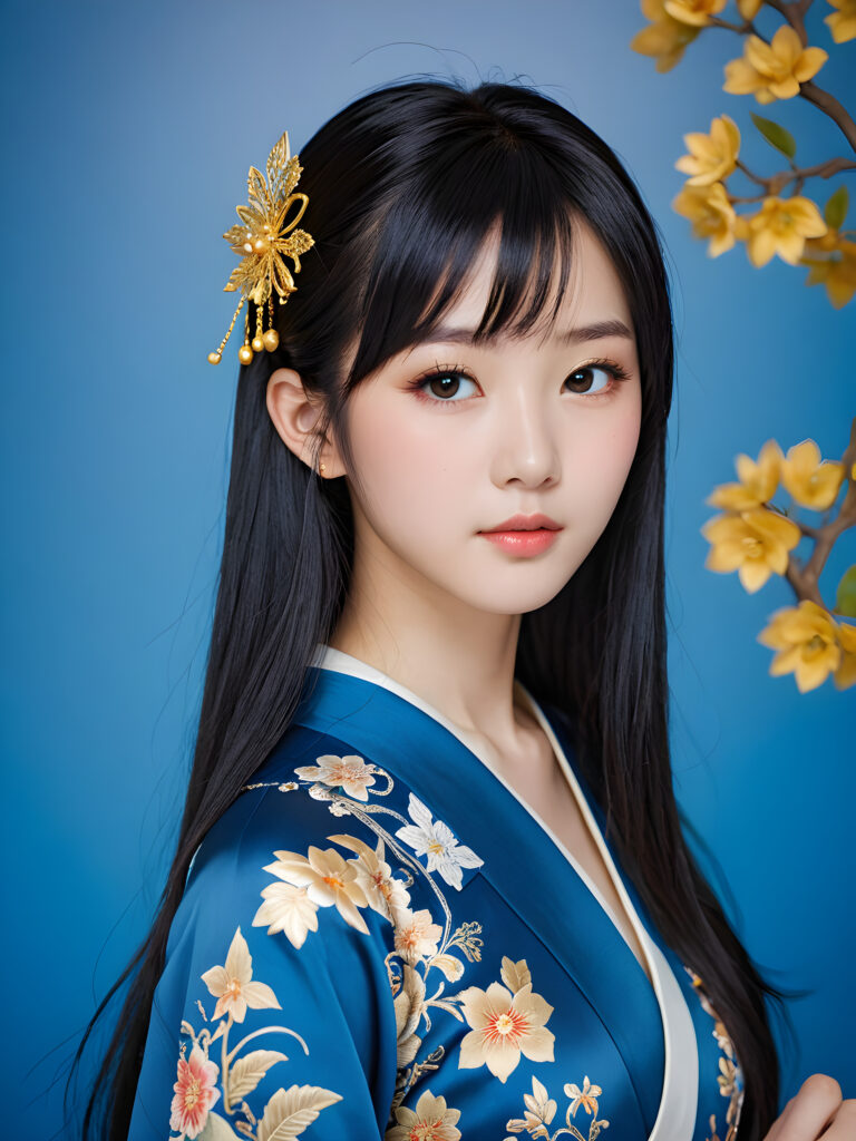 a (((Japanese dream teen girl))) with intricate details and ornate patterns, luxurious black long straight hair with side-swept bangs, ((blue background)), perfect light and shadow, ((stunning)), ((gorgeous))