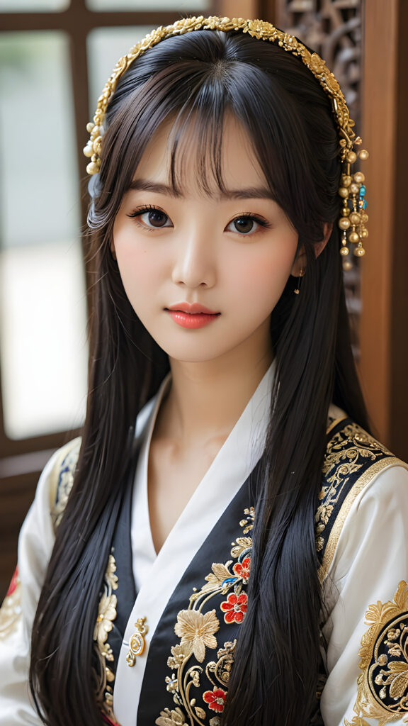 a (((Korean dream girl))) with intricate details and ornate patterns, luxurious black long straight hair with side-swept bangs