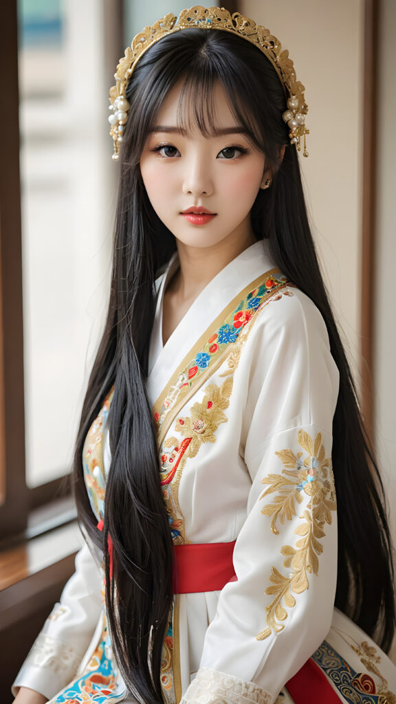 a (((Korean dream girl))) with intricate details and ornate patterns, luxurious black long straight hair with side-swept bangs
