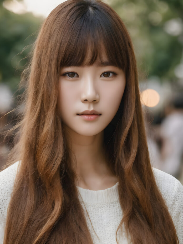a Korean girl with long wavy brown hair and long straight blonde bangs, wears a soft fine wool sweater