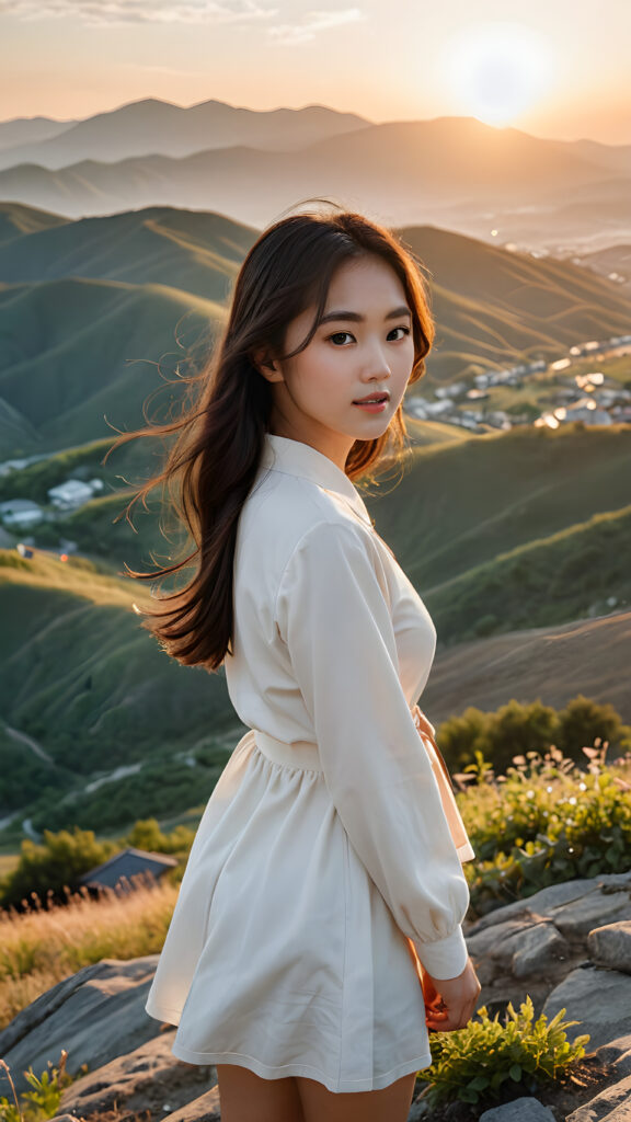 a (((Natural Korean Girl))) standing confidently on a scenic (((hill))), framed against a breathtaking backdrop of a (sunset-filled valley)
