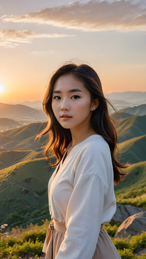 a (((Natural Korean Girl))) standing confidently on a scenic (((hill))), framed against a breathtaking backdrop of a (sunset-filled valley)