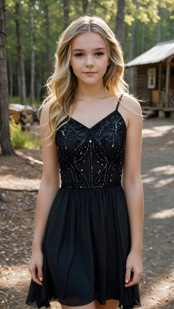 a (((beautiful teen girl))) dressed in a (((black crystal dress))), with flowing locks of blonde hair framing her face, paired with delicate, matchstick black accessories accentuating her hair and dress, against a backdrop of a (rustic campground setting)