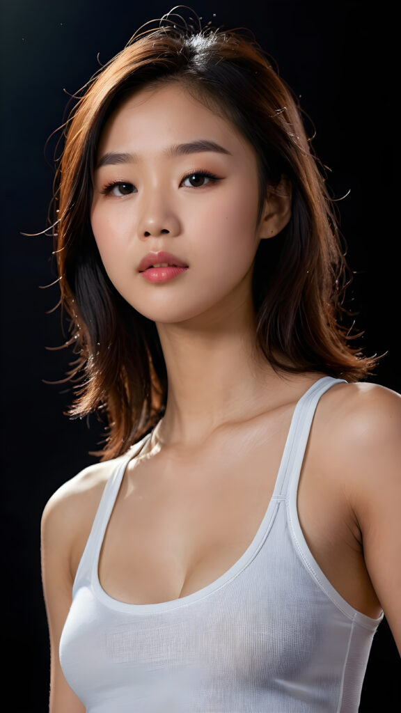 a (((beautiful young Asian teen girl))), clad in a (((tank top))), with delicate features and (full, kissable lips), she closed her eyes and opened her mouth, ((upper body)) (perfect curved body) ((black background)) 4k