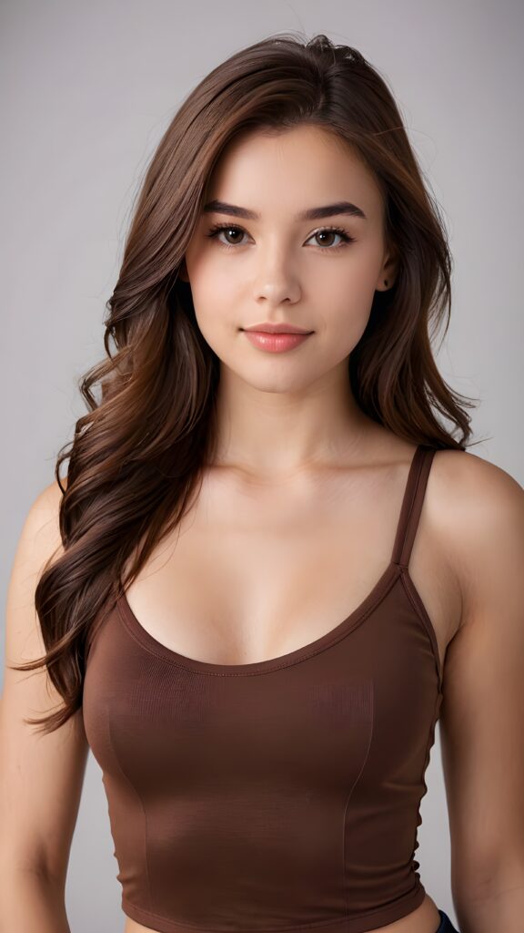 a (((beautiful young teen girl))) with a sleek, ((upper body close-up)), showcasing elegant details like curves and contours ((empty background)) ((stunning)) ((cute)) ((gorgeous)) ((brown, shoulder long hair)) ((crop tank top))