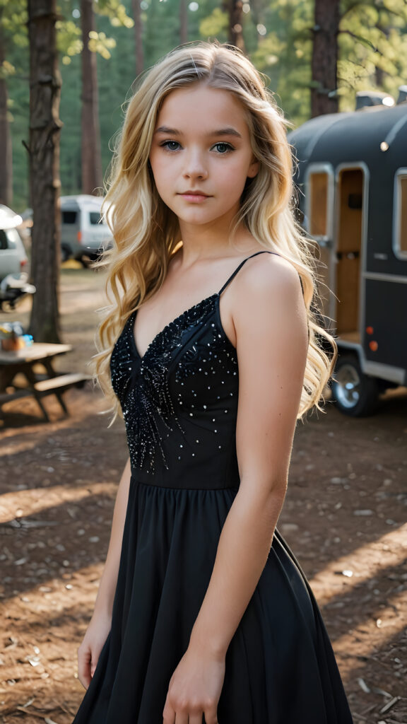a (((beautiful teen girl))) dressed in a (((black crystal dress))), with flowing locks of blonde hair framing her face, paired with delicate, matchstick black accessories accentuating her hair and dress, against a backdrop of a (rustic campground setting)