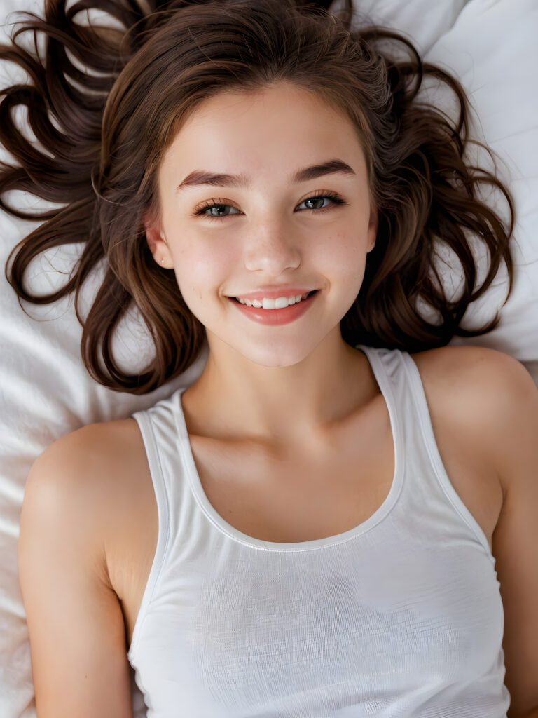 a (((beautiful young teen girl))), lying in a bed (((detailed perspective from above))), clad in a (((tank top))), with delicate features and (full, kissable lips), white teeth, smile