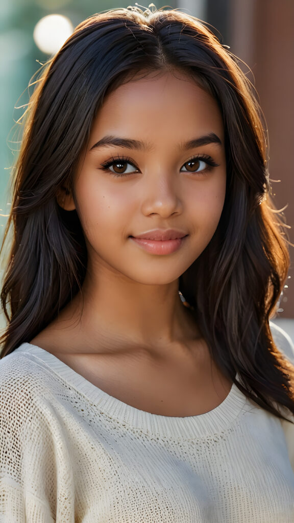 a (((beautiful, brown-skinned teenage girl))) with silky, obsidian-soft, straight black hair that extends down to her shoulders and is cut in a sleek, straight style. She has a round face with smooth, flawless white skin and full, plump lips. Her mouth is slightly opened with white teeth, framed by those striking locks. Her complexion is radiant under the warm, glowing light that bathes the scene, casting perfect shadows. She wears a thin, fitted sweater that accentuates her form, highlighting every curve. Her brilliant brown eyes reflect a hint of light, making this portrait (((stunningly gorgeous))).