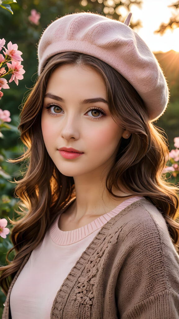 a (((beautiful girl with long, brown hair and gray eyes))), who exudes a distinct (((sharpness))), coupled with (((pale skin))) and (((vividly hued lips))) that curve into a (((wavy hairstyle))), dressed in a (((brown sweater))), a (((charming brown beret))) adorned with delicate, (((pink flowers))) and intricate patterns that reflect the (sunny park) backdrop, sitting calmly as she takes in the (((gorgeous sunset))), with an ethereal (((orange sunset cloud))). The scene radiates warmth and serenity