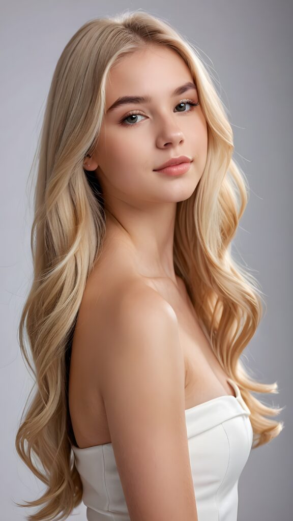 a (((beautiful young teen girl))) with a sleek, ((upper body close-up)), showcasing elegant details like curves and contours ((empty background)) ((stunning)) ((cute)) ((gorgeous)) ((blonde, shoulder long hair, hair))