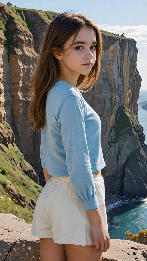 a (((beautiful teenage girl))), she has a wonderfully shaped body and is lightly clothed, looking out towards a distant (cliff) that suggests the aftermath of a tragic breakup and the unknown future beyond