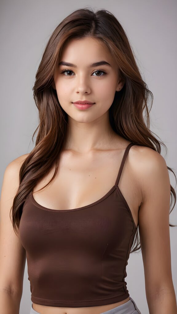 a (((beautiful young teen girl))) with a sleek, ((upper body close-up)), showcasing elegant details like curves and contours ((empty background)) ((stunning)) ((cute)) ((gorgeous)) ((brown, shoulder long hair)) ((crop tank top))