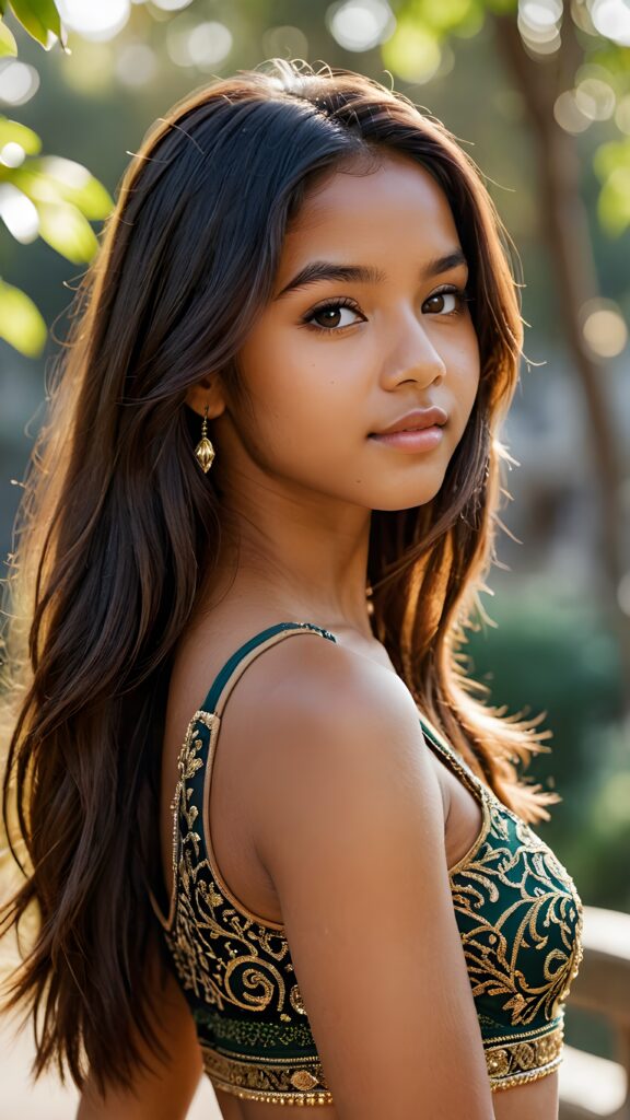 a beautiful (((brown skinned teen girl))) in an (Amazone style), with flowing, soft straight hair and a flawless, ((thin build)), ((round face)), dressed in intricate, detailed crop top that reflect her (stunningly gorgeous figure), embodying the essence of sophistication and natural beauty