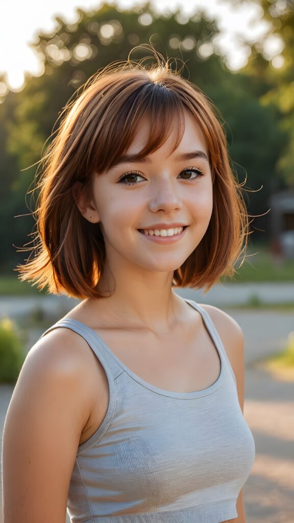 a beautiful (((teen girl))) with auburn hair in bob bangs cut, styled in a sleek, short-cropped tank top, (((vividly realistic photo))), ((natural background)), very happy, dimmed light