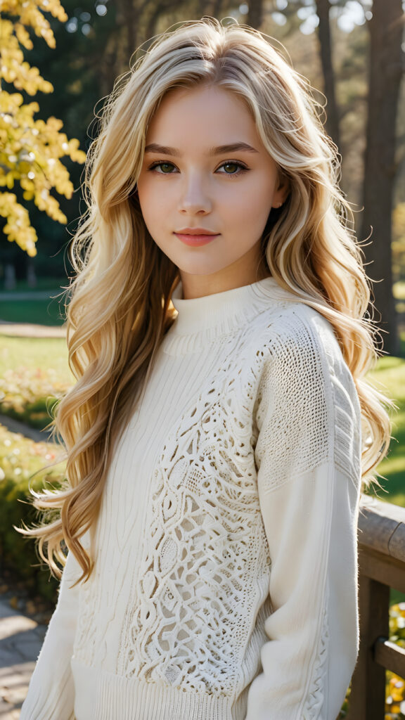 a (((beautiful teen girl with long, blond soft hair and brown eyes))), who exudes a distinct (((sharpness))), coupled with (((pale skin))) and (((vividly hued lips))) that curve into a (((wavy hairstyle))), dressed in a (((white sweater))), adorned with delicate, intricate patterns that reflect the (sunny park) backdrop