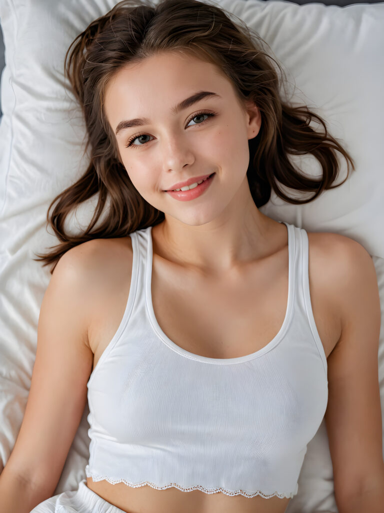 a (((beautiful young teen girl))), lying in a bed (((detailed perspective from above))), clad in a (((tank top))), with delicate features and (full, kissable lips), white teeth, smile