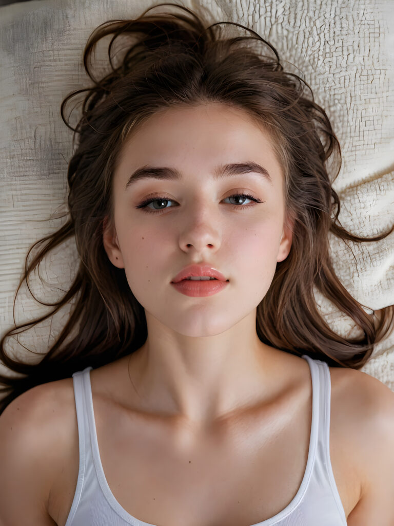 a (((beautiful young teen girl))) (((detailed perspective from above))), clad in a (((tank top))), with delicate features and (full, kissable lips), she closed her eyes and opened her mouth slightly.