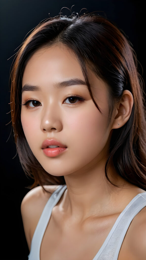 a (((beautiful young Asian teen girl))), clad in a (((tank top))), with delicate features and (full, kissable lips), she closed her eyes and opened her mouth, ((upper body)) (perfect curved body) ((black background)) 4k